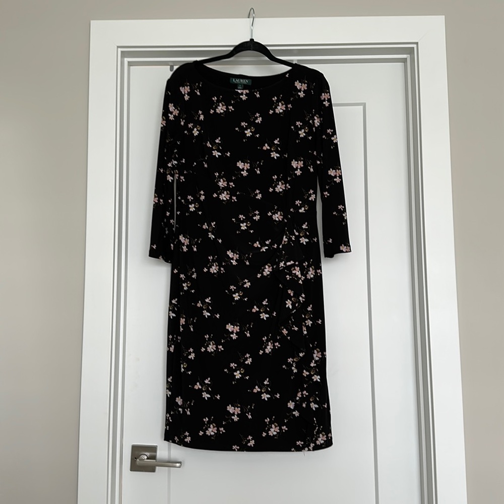 Ralph Lauren, long, sleeved floral dress with front ruching detail